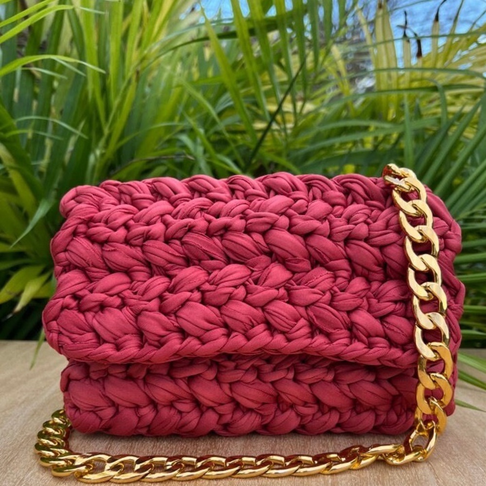Red & Gold  Luxury Crochet Shoulder Bag- Stylish Handwoven Crochet Purse